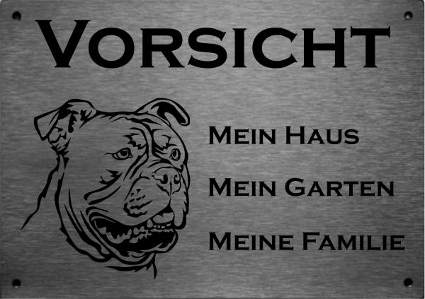 Edelstahl Warnschild Old English Bulldog VORSICHT Mein Haus mein Garten meine Familie